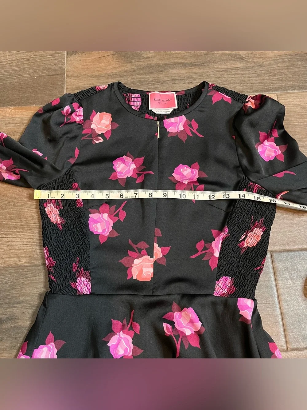 Kate Spade NY Rose Garden Smocked Satin dress black pink